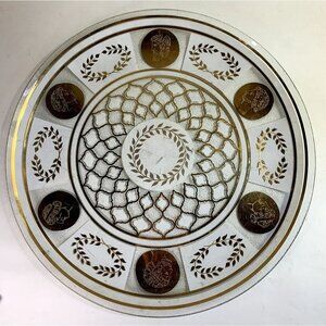 Vintage MidCentury Modern Round Glass Serving Platter Roman Theme Gold Leaf